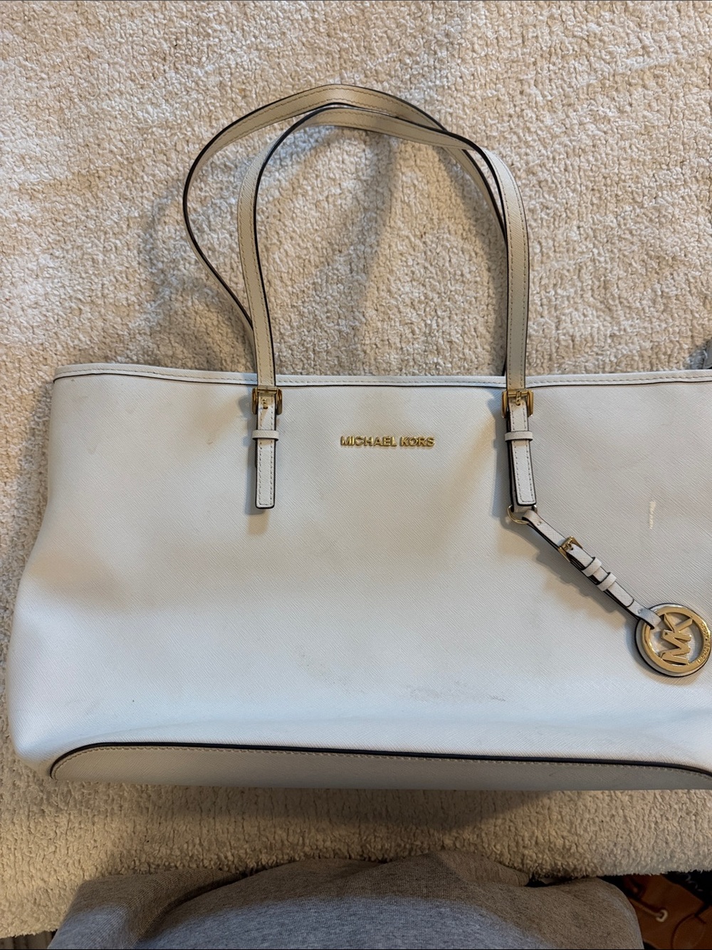 Michael Kors Cream Leather Tote with Gold Hardware and MK Charm